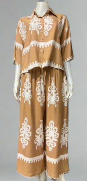 Cotton Casual Print Collar Down Crop Shirt With Loose Pants